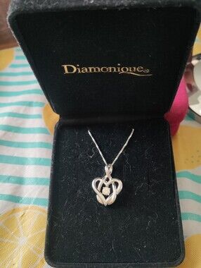 Diamonique Silver Intertwined Heart Pendant Necklace with Floating Center Stone